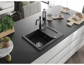 Mexen Enzo, gránit mosogató 576x465x174 mm, 1 kamrás és mosogató csaptelep Carla, fekete, 6506-77-670700-70