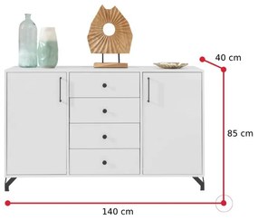 BERGENA komód, 140x85x40, fehér/magasfényű fehér