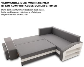 Grande sarokkanapé polcokkal és puffokkal , polc a jobb karfaban puffok a bal karfaban, jobboldali, szövet anyag, hab töltet, szürke - fehér