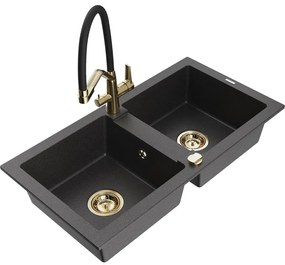 Mexen Mario gránit kétmedencés mosogató Duo konyhai csapteleppel, fekete pöttyös - 6504-76-671701-57-G