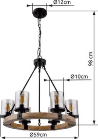Globo 15555-6H Függeszték fém matt fekete, fa sötétbarna, füstszínű üveg, fekete PVC kábel, magassága lerövidíthető (függőlámpa), fény iránya: felfelé, ø: 590mm, M:980mm, nem tartozék: 6x E27 60W 230V