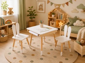 BUNNY gyermek növekvő szett, asztal és 2 szék, fehér/barna ELIS design