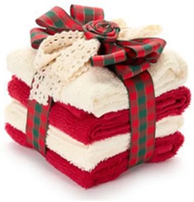 Karácsonyi ajándék szett: 4 db piros kis pamut törülköző skótkockás masnival