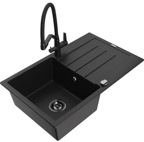 Mexen Bruno 1 rekeszes gránit mosogató csepegtetővel és Duo konyhai csappal, fekete - 6513-77-671701-70-B