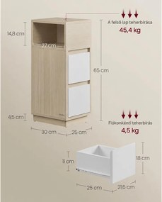 KAILYN keskeny éjjeliszekrény 2 fiókkal és nyitott rekesszel, 25 x 30 x 65 cm, natúr bézs/felhőfehér