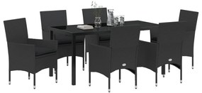 7 Darabos Kert Étkező Szett Párnákkal Fekete Polirattan, Kerti Asztal Fekete 160x80x73 cm Edzett Üveg