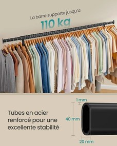 Ruhatartó állvány kerekekkel, extra hosszú,hordozható, fekete