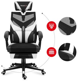 Gamer szék ergonomikus lábtartóval, fekvőtámasz , fekete-fehér.