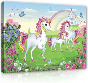 Vászonkép 80x60 Unikornisok mese mágia szivárvány kastély virágok pillangók álom fantázia