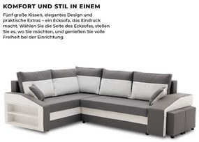 Grande sarokkanapé polcokkal és puffokkal , polc a bal karfaban puffok a jobb karfaban, baloldali, szövet anyag, bonell töltet, szürke - fehér