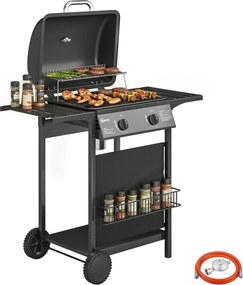 Outsunny 5 kW kétégős gázgrill-kocsi, rozsdamentes acél — oldallap, alsó polc, elülső takaró, hőmérő, zománcozott rostély, melegen tartó rács, csepegt