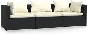 vidaXL fekete háromszemélyes polyrattan kanapé párnákkal