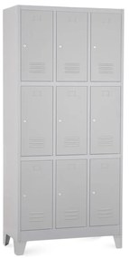 Fém szekrény - 9 doboz, 90 x 45 x 195 cm, fix lábakkal, hengerzár, világos szürke - ral 7035