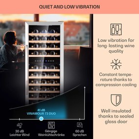 Klarstein Vinamour 73 Duo, borhűtő, 192 liter, 73 palack, 5 -18 °C, 2 zóna, érintésvezérlés