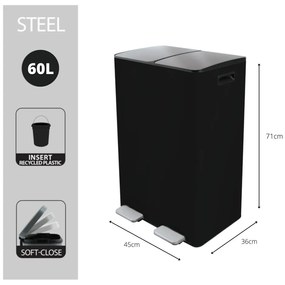 Matt fekete acél szelektív pedálos szemetes 2x30 l Aliya – Spirella