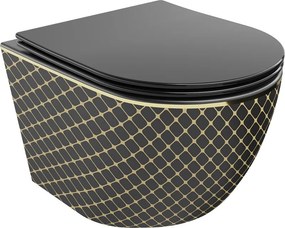 Mexen Lena Rimless WC csésze lassan záródó slim ülőkével, duroplast, fekete matt/arany rácsos minta - 30224079