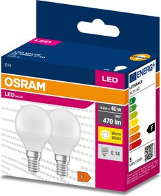 2x Led izzó E14 Golyó 4,9W 40W 3000K Meleg Osram
