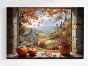 Vászonkép Canvas Ablak Terasz Kilátás Ősz Táj Hegyek Ház 120x80