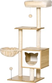 PawHut Macska Kaparófa, 126 cm Magasságú Mászótoronnyal, Hintaágy, Ház, Ágy, Sisal Oszlopokkal és Játék Labdákkal 48x40x126 cm Bézs | Aosom
