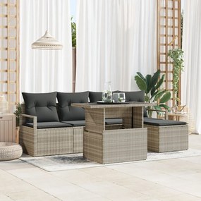 6 darabos Kerti Kanapé Készlet párnákkal Világosszürke Poli Rattan, 2 személyes Kerti Kanapé Tárolóval &amp; Párnákkal Szürke Poli Rattan