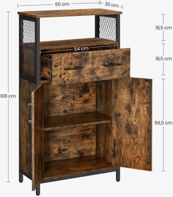 Tárolószekrény, komód fiókkal és állítható polccal – rusztikus barna–fekete színben