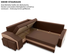 Grande sarokkanapé polcokkal és puffokkal , polc a jobb karfaban puffok a bal karfaban, baloldali, szövet anyag, hab töltet, barna