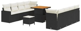 11 Darabos Kert Kanapé Szett Párnákkal Fekete Poli Rattan Akácia, 3 Darabos Kert Étkező Szett Párnákkal Fekete Poli Rattan Akácia