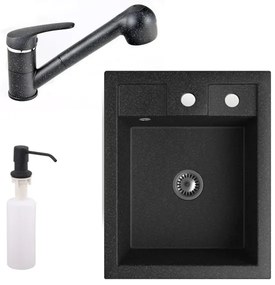 Gránit mosogató NERO Parma + kihúzható zuhanyfejes Shower csaptelep + adagoló + szifon (fekete)