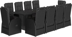 vidaXL 11 részes fekete polyrattan kerti étkezőgarnitúra párnákkal
