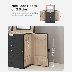 Ékszerdoboz tükörrel és csattal 6 szintes, fekete