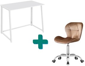 Dolgozószobai szett – összecsukható íróasztal ZARIMO 80×40 cm fehér + irodai szék AVOLA VELVET világosbarna
