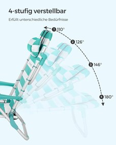 Strandszék, összecsukható kempingszék, hordozható kültéri szék, állítható háttámlával, zöld és fehér