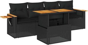 vidaXL 5 részes fekete polyrattan akácfa kerti kanapészett párnákkal