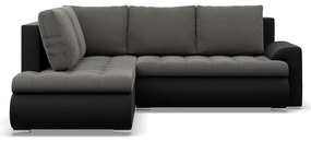 Tokio sarokkanapé, L alakú háttámlával, 2 ágyneműtartóval, bársony + műbőr, baloldali, szürke - fekete