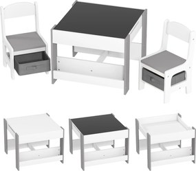 HOMCOM 3 darabos gyermek asztal és 2 szék szett, fordítható táblafelülettel, tárolókosárral és polcokkal - Szürke | Aosom