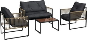 Outsunny 4 részes Kültéri Rattan Kerti Bútor Szett 1 Kétszemélyes Kanapéval, 2 Karosszékkel, Párnákkal és 1 Üveglapos Kávasztal | Aosom