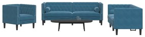 3 részes kék bársony Chesterfield kanapészett hengerpárnákkal