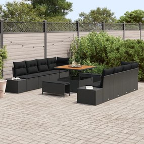 11 darabos kerti kanapé szett párnákkal fekete poli rattan akáciával, 2 személyes kerti kanapé párnákkal fekete poli rattan, 3 darabos kerti étkező szett párnákkal fekete poli rattan akáciával