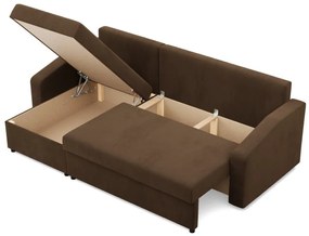 Zeus sarokkanapé, 2 ágyneműtartóval, döntött kartámasz, szövet anyag, univerzális oldal, bonell töltet, barna