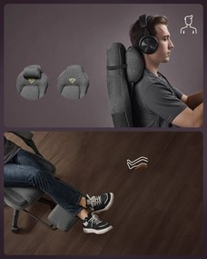 Ergonomikus gamer szék lábtartóval, állítható, galambszürke párnával
