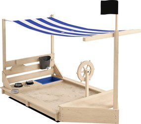 Outsunny Nagy Homokozó Fedelettel, Hajó Design Homokpit, Fából készült Vitorlás Játékház Konyha Játékkészlettel 3-7 éves gyermekeknek, Természetes 180