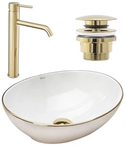 készlet Pultos mosdó Sofia gold edge  + Fürdőszobai csaptelep Lungo gold + Dugó gold