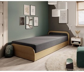 Okkersárga-sötétszürke kárpitozott-forgácslemez ágyneműtartós egyszemélyes ágy matraccal 80x190 cm Parys – ELTAP