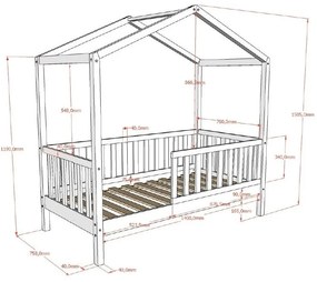 Fehér házikó alakú borovi fenyő gyerekágy ágyráccsal 70x140 cm DALLAS – Vipack