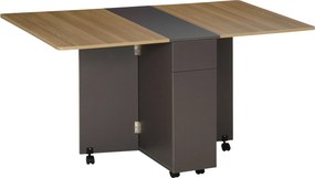 HOMCOM Összecsukható étkezőasztal kerekeken tárolóval, 2 fiókkal és 1 szekrénnyel, 76 x 140 x 74 cm, szürke és natúr fa | Aosom