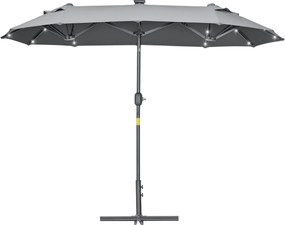 Outsunny Kétkarú Napernyő 295x150x219 cm Napernyő Napenergia LED Lámpákkal, Állítható Dőlésszögű Tető és Manuális Kézi Hajtómű Teraszhoz, Medencéhez,