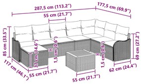 9 részes kerti kanapé szett párnákkal szürke poli rattan akác, 2 férőhelyes kerti kanapé párnákkal szürke poli rattan