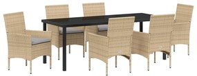 7 Részes Kerti Étkezőszett Párnákkal Bézs Polirattan, Kerti Asztal Fekete 200x80x73 cm Edzett Üveg
