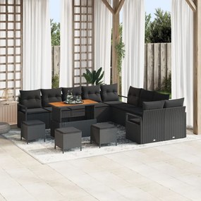 13 részes kerti kanapé párnákkal, fekete, poli rattan, akác, 2 fős kerti kanapé párnákkal, fekete, poli rattan, 3 részes kerti étkező szett párnákkal, fekete, poli rattan, akác