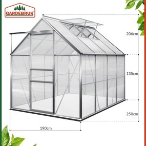 Gardebruk M4 polikarbonát kerti üvegház alappal, 250x190x195cm, átlátszó